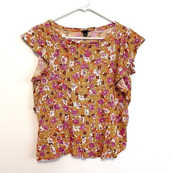 ANN TAYLOR Floral Linen Flutter Sleeve Tee White Mustard Pink Short Sleeve Top S - Picture 2 of 12